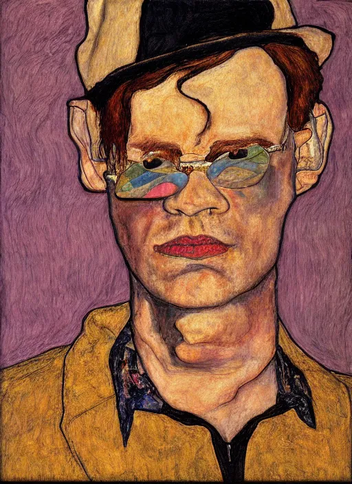 Image similar to portrait of elton john in a golden hour lighting, painted by egon schiele, 8 k extremely realistic and highly detailed