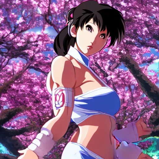 Image similar to an ultrawide photo of chun li standing in front of sakura trees, studio ghibli concept art, detailed, beautiful face, beautiful eyes, beautiful lighting, hdr, 4 k