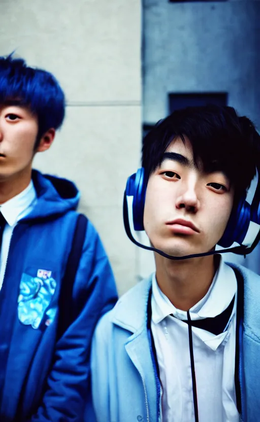 Prompt: ! dream! dream close - up portrait of japanese teenagers male and female, street photography, blue scheme, economic boom, punks, highly realistic, photography, highly detailed, cinematic lighting, tokyo, fashion, wearing sony walkman and headphones, cinestill 8 0 0 t