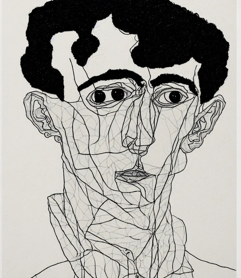 Prompt: detailed line art portrait of franz kafka, inspired by egon schiele. caricatural, minimalist, bold contour lines, musicality, soft twirls curls and curves, confident personality, raw emotion