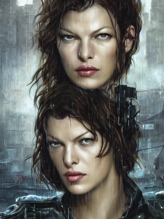 Image similar to portrait of Milla Jovovich from Resident Evil in the wreckage city in the rain,by tom bagshaw,Cedric Peyravernay,,James Paick,Ted Nasmith, peter gric,Hugh Ferriss,trending on artstation,8k,Blade Runner 2049,ultra realistic,high detail,golden ratio,cinematic lighting,maximalist