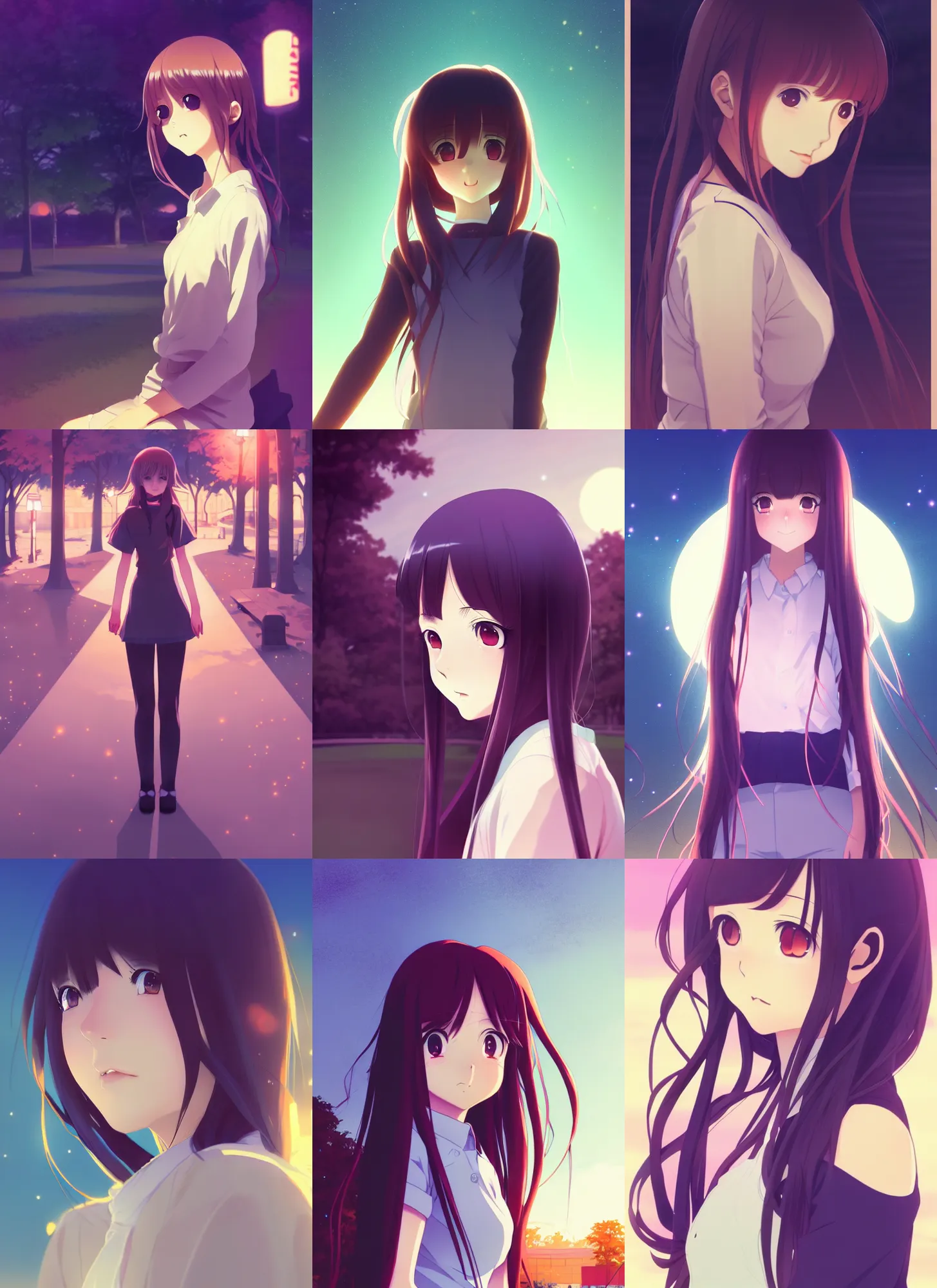 Prompt: anime visual, portrait of a young female at the park at night long hair, low light, cute face by ilya kuvshinov, yoh yoshinari, makoto shinkai, dynamic pose, dynamic perspective, muted colors, cel shaded, flat shading mucha, rounded eyes, detailed facial features, anime movie