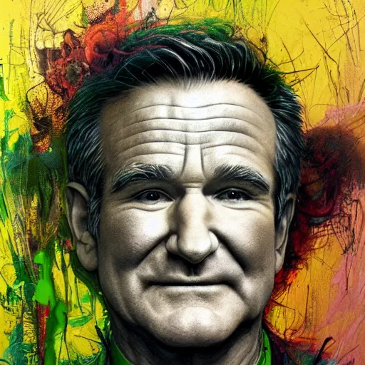 Prompt: a Demon Slayer portrait of Robin Williams, tall, pale-skinned, slender with lime green eyes and long eyelashes by Stanley Artgerm, Tom Bagshaw, Arthur Adams, Carne Griffiths, trending on Deviant Art, street art, face enhance, chillwave, maximalist, full of color, glittering