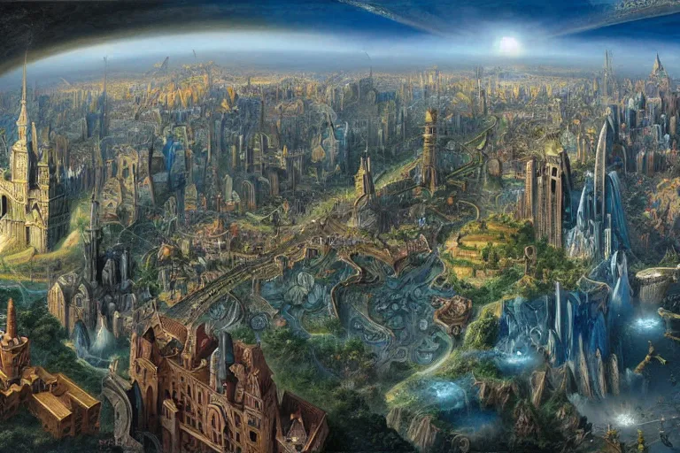 Image similar to a beautiful stunning insanely detailed matte painting of a magical mythical city buzzing with activity by Heironymous Bosch and Jim Burns