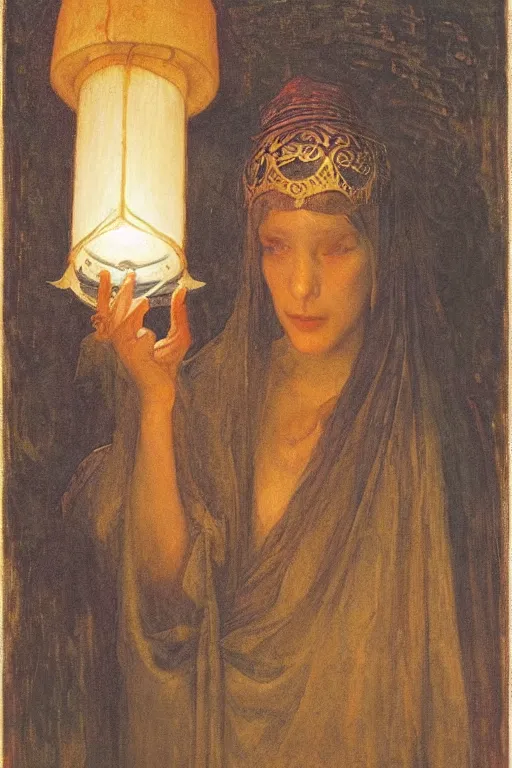 Prompt: queen of the fog with her lantern by Annie Swynnerton and Nicholas Roerich and jean delville, strong dramatic cinematic lighting , ornate headdress , lost civilizations, smooth, sharp focus, extremely detailed