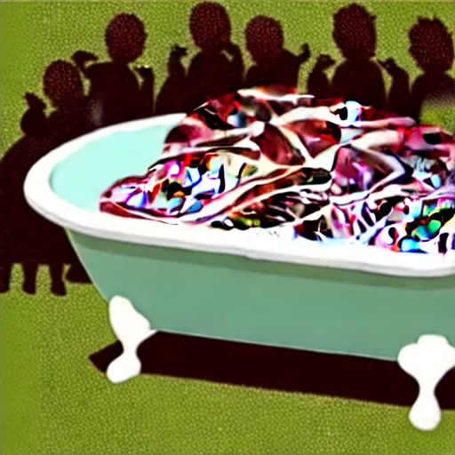 Prompt: a bathtub full of meat surrounded by a hungry family