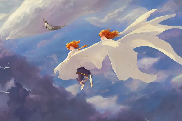 Image similar to A cell animation of girl flying with a bird-shaped white glider over the clowds, Nausicaa of the Valley of the Wind, Miyazaki Hayao, ghibli style, highly detailed, digital painting, concept art, sharp focus, illustration, anime, trending on artstaion