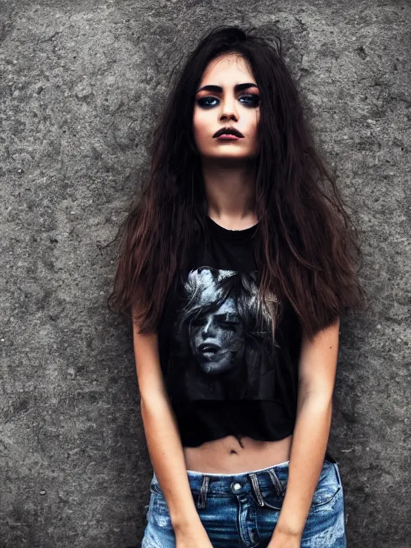 Prompt: hyperdetailed photo of a beautiful italian girl, brown eyes, dark hair, black makeup, skin, winds of winter, with tight ripped grunge crop t - shirt fine face, pretty face