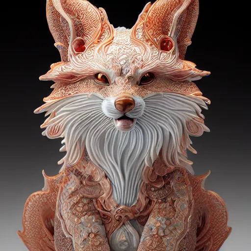 Image similar to a photo - real delicate ceramic porcelain sculpture of an ornate detailed kitsune in front of a intricate background by victo ngai and takato yamamoto, micro detail, backlit lighting, subsurface scattering, translucent, thin porcelain, octane renderer, colorful, physically based rendering, japanese pottery, trending on cgsociety