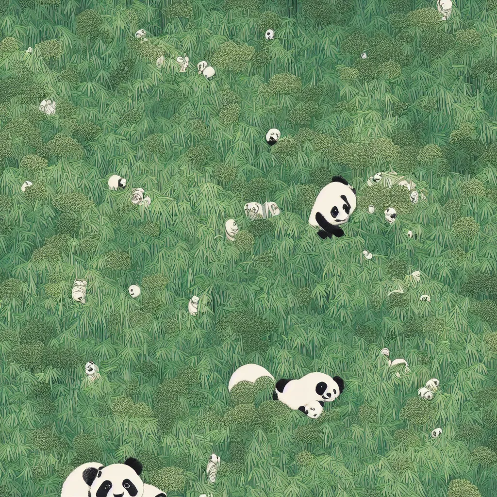 Image similar to isometric view illustration of a bamboo forest and panda, highly detailed mid day by victo ngai