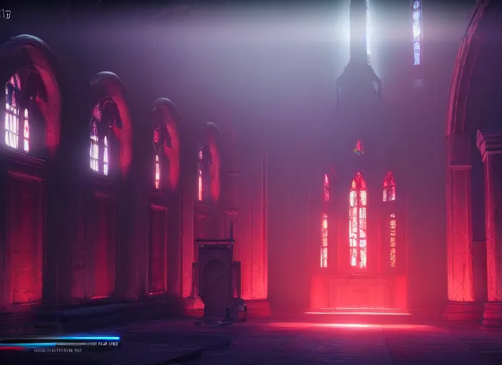 Image similar to ancient church with red shafts of light in destiny 2, foggy, liminal, dark, dystopian, beautiful architecture, abandoned, highly detailed 4 k 6 0 fps in - game destiny 2 gameplay screenshot leak