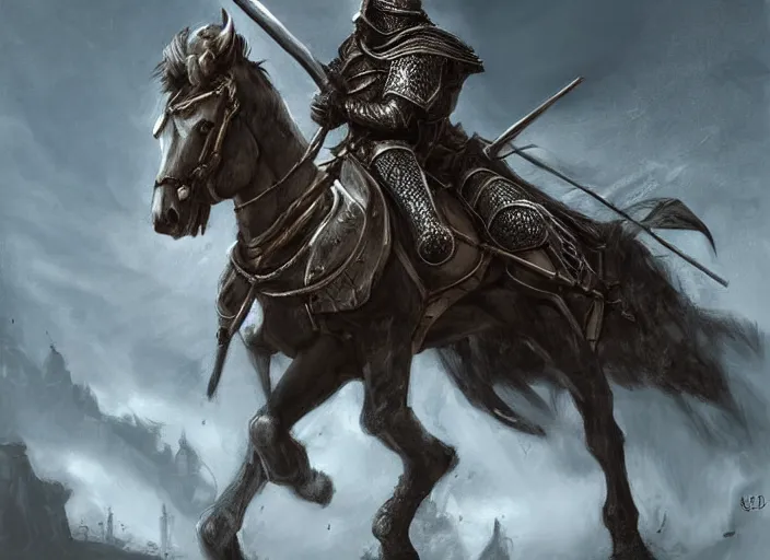 Prompt: knight on horseback, fantasy art, very detailed, beautiful, dark souls, lush landscape