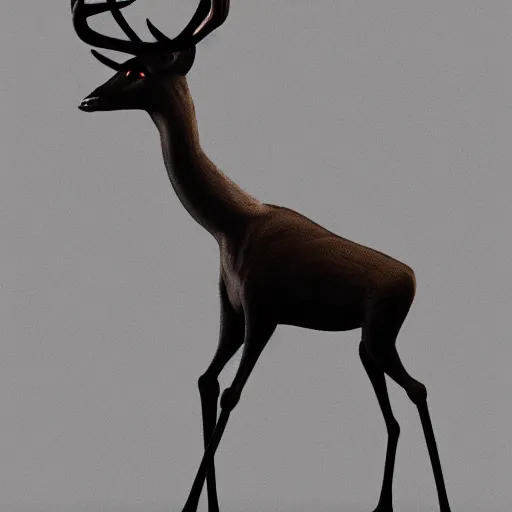 Image similar to a slender bipedal creature with a deer skull for a head and antlers