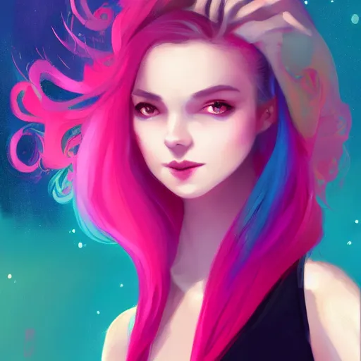 Image similar to colorful and festive captivating teenager girl with pink hair, cyan top crop, black skirt, black leggings, cute look. rich vivid colors, ambient lighting, dynamic lighting, 4 k, atmospheric lighting, painted, intricate, highly detailed by charlie bowater