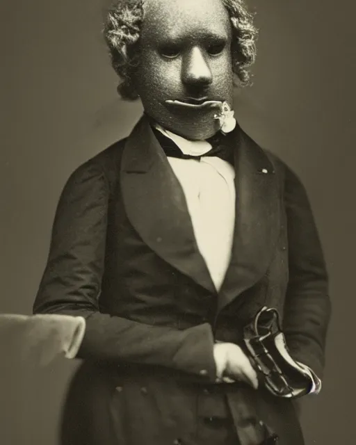 Image similar to portraits of anthropomorphic robot in black tie suit by Louis Daguerre