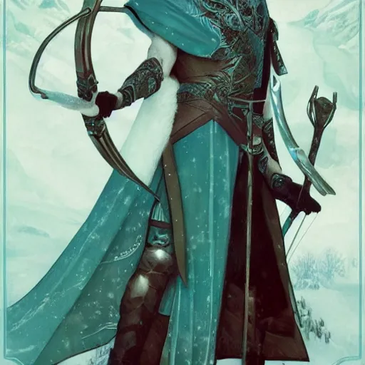 Image similar to half length portrait of a handsome snow elf in a turquoise cape and silver armour, armed with bow and arrow, albino skin, winter vibes, elegant, very coherent symmetrical artwork, rule of thirds, by ralph hosley and alphonse mucha and charlie bowater, sharp focus, trending on artstation