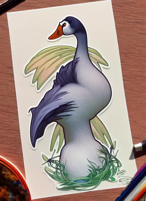 Prompt: cute goose sticker design, natural lighting, path traced, highly detailed, high quality, digital painting, by don bluth and ross tran and studio ghibli and alphonse mucha, artgerm