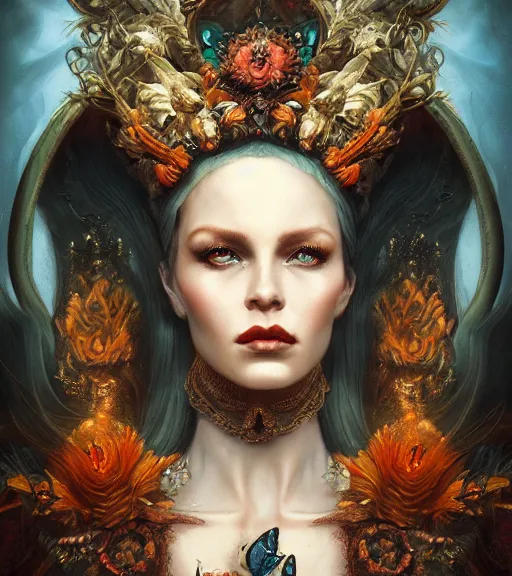 Prompt: portrait of the queen of the underworld by karol bak, James Jean, tom bagshaw, rococo, trending on artstation, cinematic lighting, hyper realism, octane render, 8k, hyper detailed.