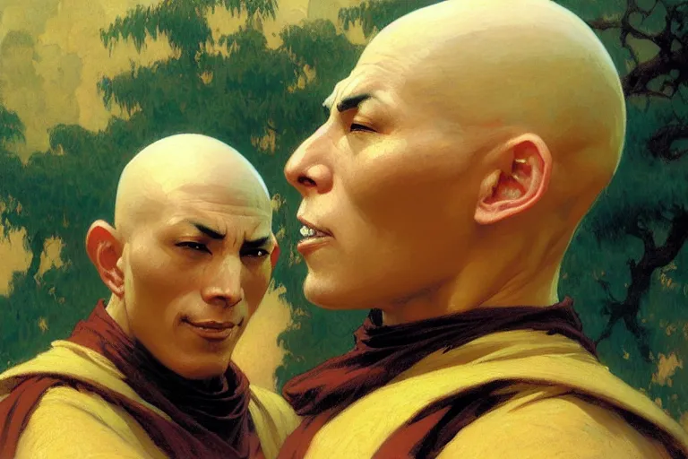 Prompt: bald monks from the last airbender, painting by gaston bussiere, craig mullins, j. c. leyendecker