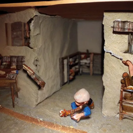 Image similar to a child making crack in there basement, highly detailed, mega detailed,