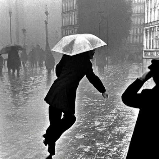 Image similar to the man leaping with an umbrella in a raining paris street, by henri cartier bresson,