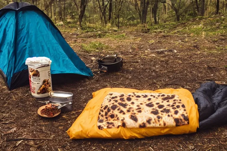 Image similar to outdoor camping with burritos as sleeping bags, bonfire, animals looking, fuji film, realistic