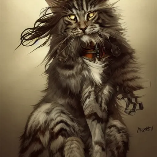 Image similar to maine coon, anthropomorphic large maine coon, dnd bipedal character, musketeer outfit, aware. furry. dnd character concept, dnd digital painting, dnd artstation, dnd concept art, smooth, super sharp focus, illustration, art by artgerm and h r giger and alphonse mucha