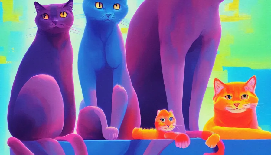 Image similar to contemporary semi abstract acrylic painting of really tall sitting cats by makoto shinkai, by lisa frank, by greg rutkowski, thick brush strokes and visible paint layers, multicolor color scheme