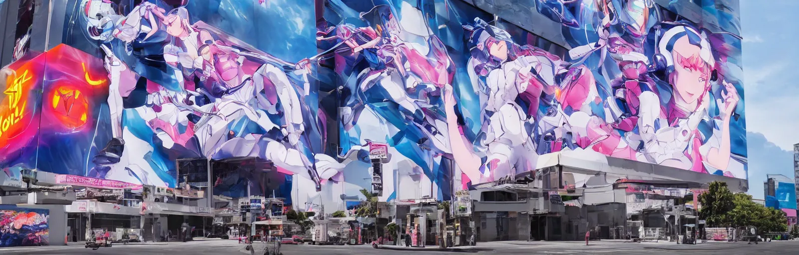 Image similar to billboard advertisement with an extremely beautiful photo of a white marble statue of an anime girl with colorful motocross logos and motorcycle helmet with closed visor, colorful smoke in the background, carved marble statue, fine art, neon genesis evangelion, virgil abloh, offwhite, denoise, highly detailed, 8 k, hyperreal