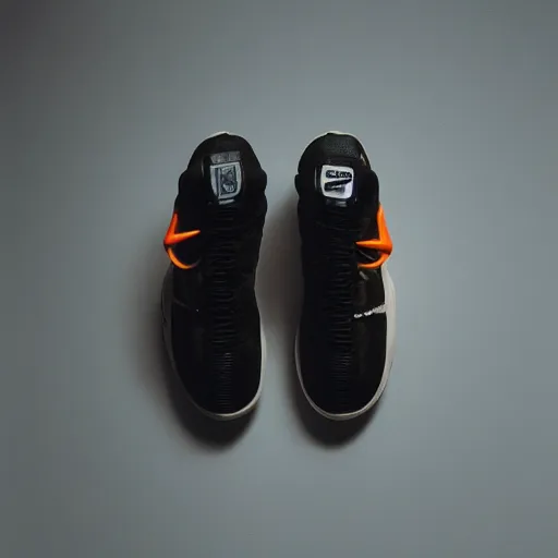 Image similar to a studio photoshoot of A Nike ACG sneaker designed by Virgil Abloh, leather and suede, Off-White, realistic, color film photography by Tlyer Mitchell, 35 mm, graflex