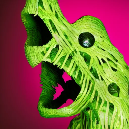 Image similar to studio photograph of a thin green vine creature with vine limbs and a pink blooming flower mouth with many sharp teeth