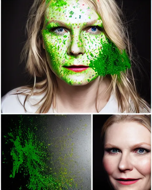 Prompt: photorealistic portrait headshot photos of kirsten dunst with bright green paint splattered across her face. photoshoot peter hurley, nyc headshot photographer, photorealistic