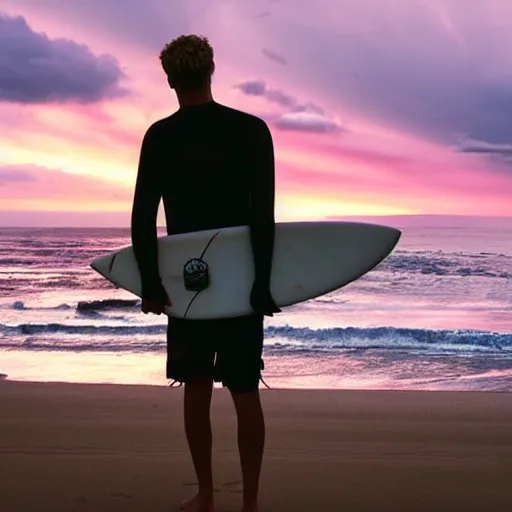 Prompt: teenage surfer standing at the beach. Purple sky with fluffy clouds and an airplane In the background