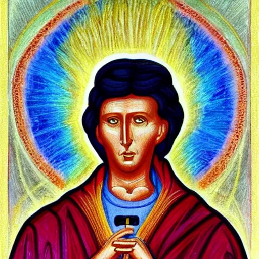 Image similar to yeltsin on an icon, a halo of fire, a drawing in church style, art in color