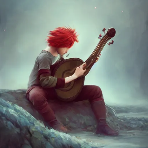 Prompt: red hair boy playing a lute in an inm, dramatic, intricate, elegant, highly detailed, digital painting, artstation, concept art, smooth, sharp focus, illustration, octane render, art by Leesha Hannigan, Ross Tran, Thierry Doizon, Kai Carpenter, Ignacio Fernández Ríos