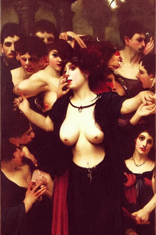 Image similar to a renaissance oil painting by alma tadema of demonic beautiful vampire woman mistress of death mourning widow running in fear from a group of muscular gigachad men, faint smile dark lipstick, dark lit candles, colourful pastel trending artstation, detailed portrait academic bouguereau caravaggio high shadow contrast medium shot