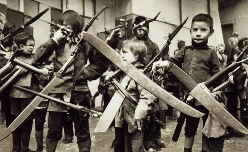 Prompt: guns and sharp swords in the hands of young children,