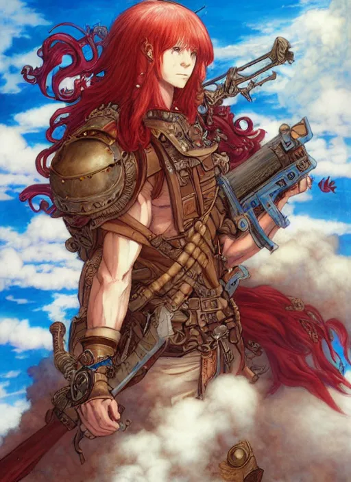 Image similar to prompt : ragnarok online portrait soft light painted by james jean and katsuhiro otomo and erik jones, inspired by akira anime, epic fantasy, a long red haired, red bearded male sky - pirate in front of an airship, intricate oil painting, high detail illustration, sharp high detail, manga and anime 1 9 9 9