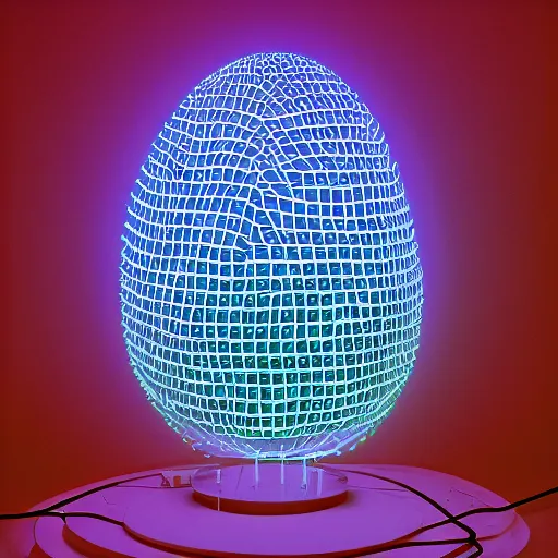 Prompt: portrait of a plasma energy tron dinosaur egg in the shape of a random geometric shape, made up of glowing electric plates and patterns. cinestill