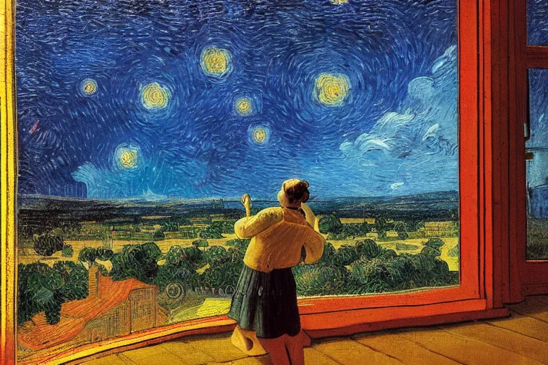 Prompt: a person looking from a window of a colony station in Jupiter, colorful, beautiful, national geographic, very detailed, astrophotography, oil painting, canvas, Vincent van Gogh, Caspar David Friedrich, Theodor Kittelsen, Albert Bierstadt