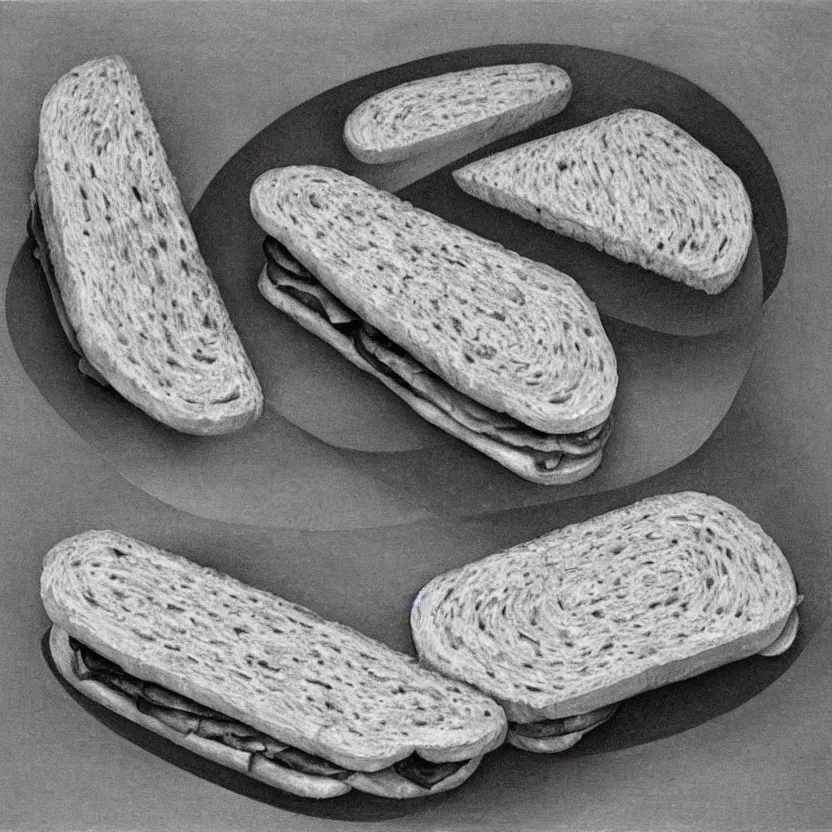 Prompt: a painting of a sandwich by m. c. escher.