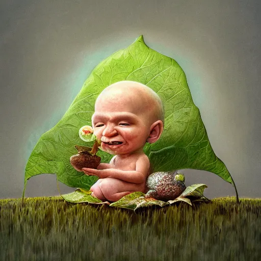 Image similar to funny long shot of a crazy toad baby sitting in a leaf cup, by esao andrews, by m. w. kaluta, ultra humorous illustration, small depth of field, perspective perception, volumetric light, psychedelic colors, 3 d octane render, 8 k, conceptart, hyperdetailed, hyperrealistic, trending on artstation