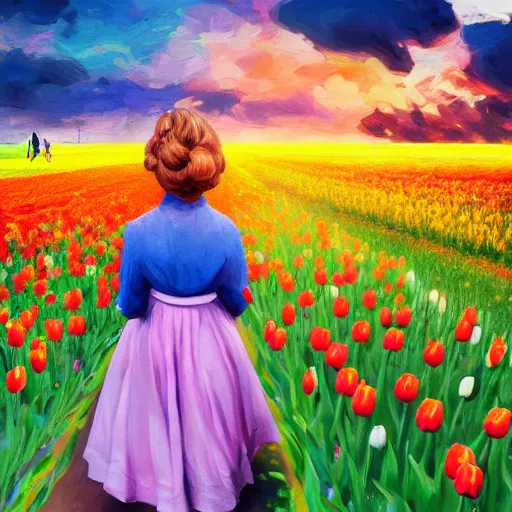 Image similar to dutch girl with singular giant tulip as a head, surreal photography, flower field, sunset dramatic light, impressionist painting, colorful clouds, blue sky, digital painting, artstation, simon stalenhag