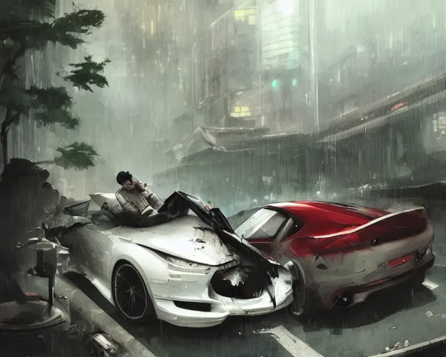 Image similar to a 50 year old brunnette chinese man with puffy cheeks lying with closed eyes on the ground next to a white super car crash, horror scene, dramatic, anime art, Greg Rutkowski, studio ghibli, dramatic lighting