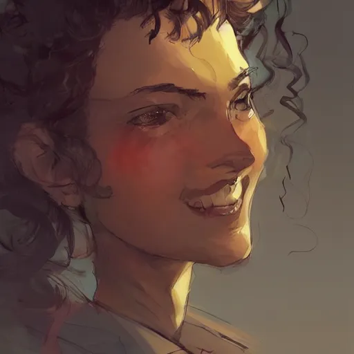 Prompt: a beautiful girl with short curly brown hair in a ponytail, a pointy chin, smiling sweetly, dramatic lighting, illustration by Rossdraws, yoji shinkawa, 4k, digital art, concept art, trending on artstation