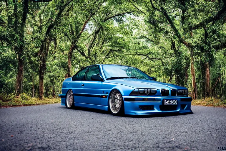 Image similar to A modified blue BMW e36 parked in a road with trees, rainy season, Epic photography, taken with a Leica camera, 500 mm focal length, f/1.5 aperture, depth of field