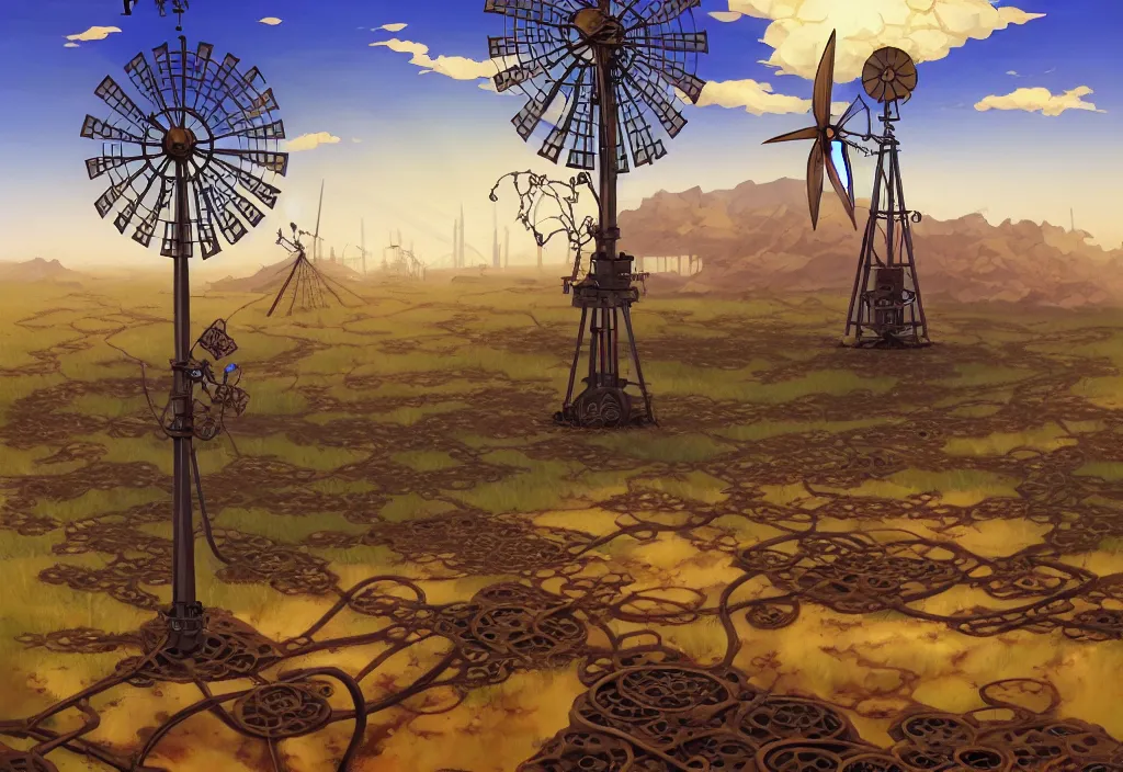 Prompt: steampunk windmill in the desert with chubby vines and puddles in the foreground, intricate oil painting, high detail illustration, sharp high detail, manga and anime 1 9 9 9, official fanart behance hd artstation by jesper ejsing and makoto shinkai, 4 k,