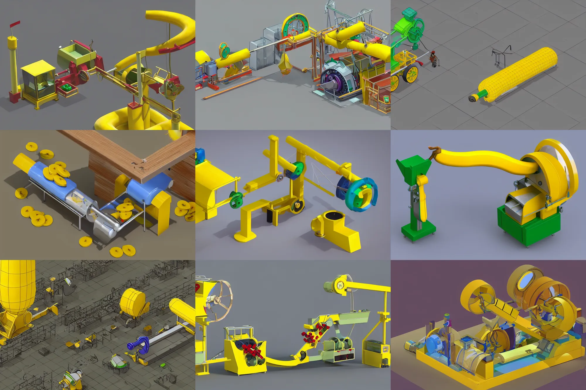 Prompt: banana crushing machine. isometric game asset. clear focus. studio ghibli. 3 d render rtx. some colorful accents.