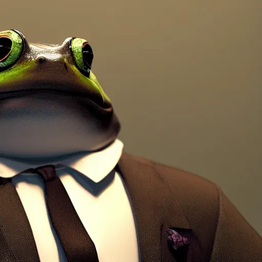 Image similar to a high quality photo of an antropomorphic frog wearing a suit, 3d scene, render, ultra realistic, artstation, cgsociety