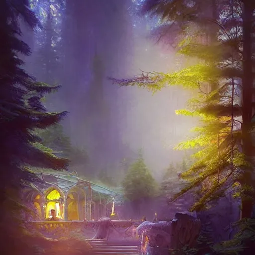 Prompt: mystical realistic poster with shaded lighting by craig mallismo, artgerm, jeremy lipkin and michael garmash, radiant light, detailed and complex environment solace, peaceful mist, beautiful, utopic spiritual city with temples, old growth pine trees, overlaid sacred geometry, with implied lines, gradient of purple and blue